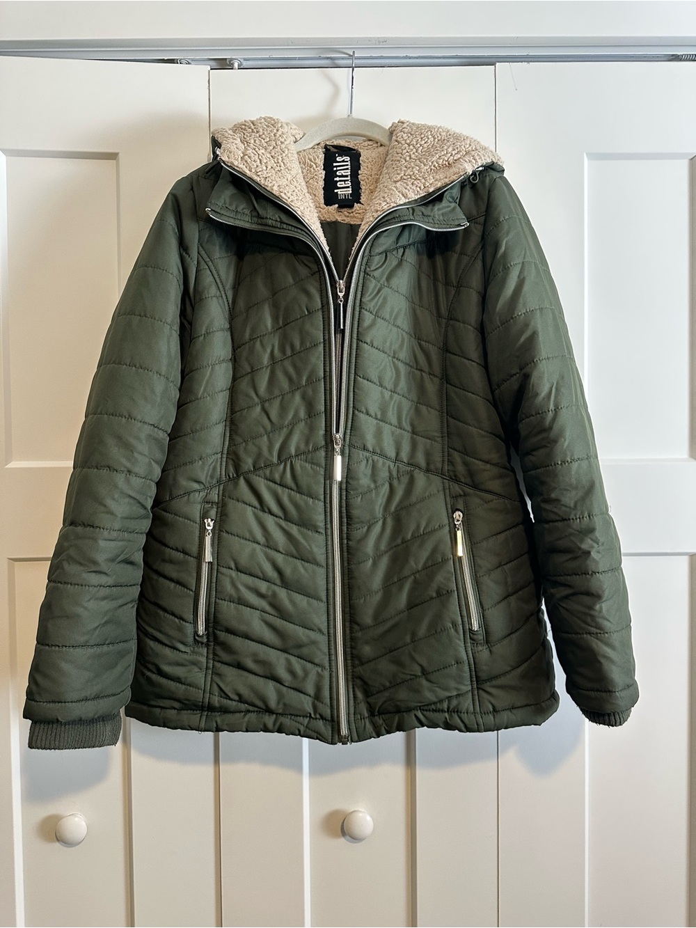 Olive Green Quilted Hooded Puffer Jacket with Sherpa Lining by details INTL